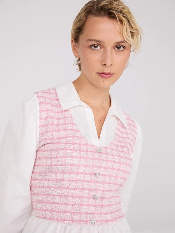 2-Fer Plaid Boucle Vest With Blouse