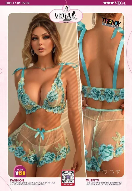 Mesh floral embroidered underwear set